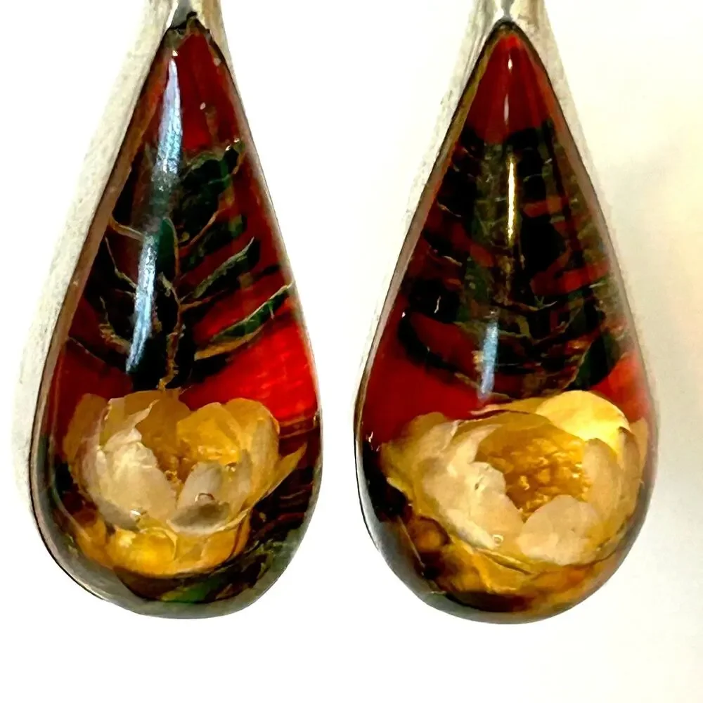 Vintage Dried Flower Resin Drop Sterling Bezel‎ Earrings